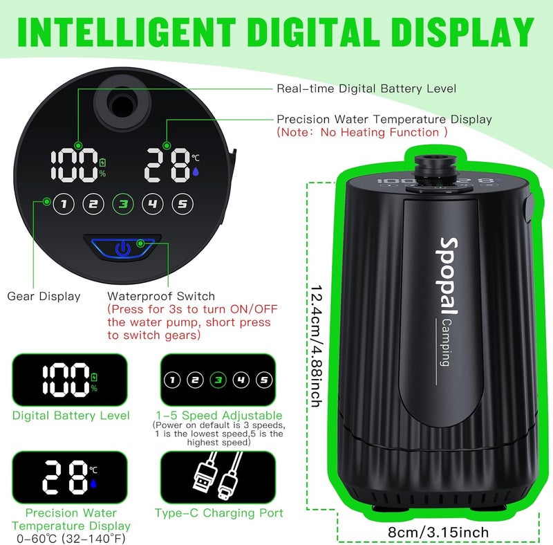Spopal Portable Camping Shower, [10000mAh Rechargeable], 5-Speed with Collapsible Bucket with Handle 20L, IPX8 Waterproof, LED Display Camp Shower Pump, Perfect for Hiking, Travel, Cars & Pets - Image 4